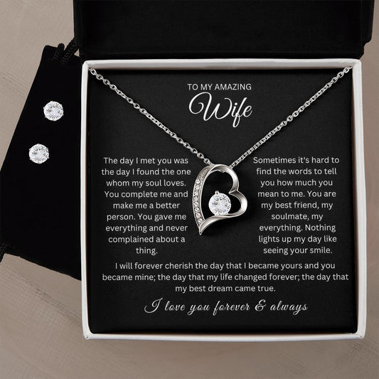 To My Amazing Wife Heart Necklace & Earrings